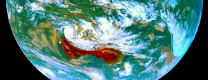 Enhanced weather satellite image of Tropical Cyclone Sam near the north-west coast of Western Australia