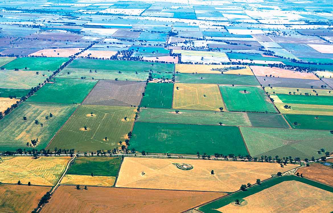 aerial view of farmland.