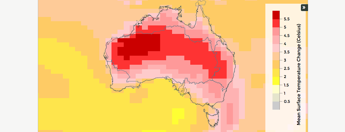 Map of Australia with projected annual temperature increases under RCP8.5 for 2090 from ACCESS model