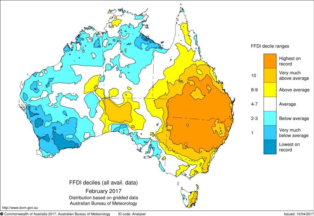 Australian map showing forest fire danger index values for February 2017, with much of eastern Australia as 'highest on record'