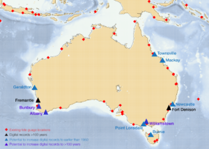 Map showing location of current and historical tide records around Australia